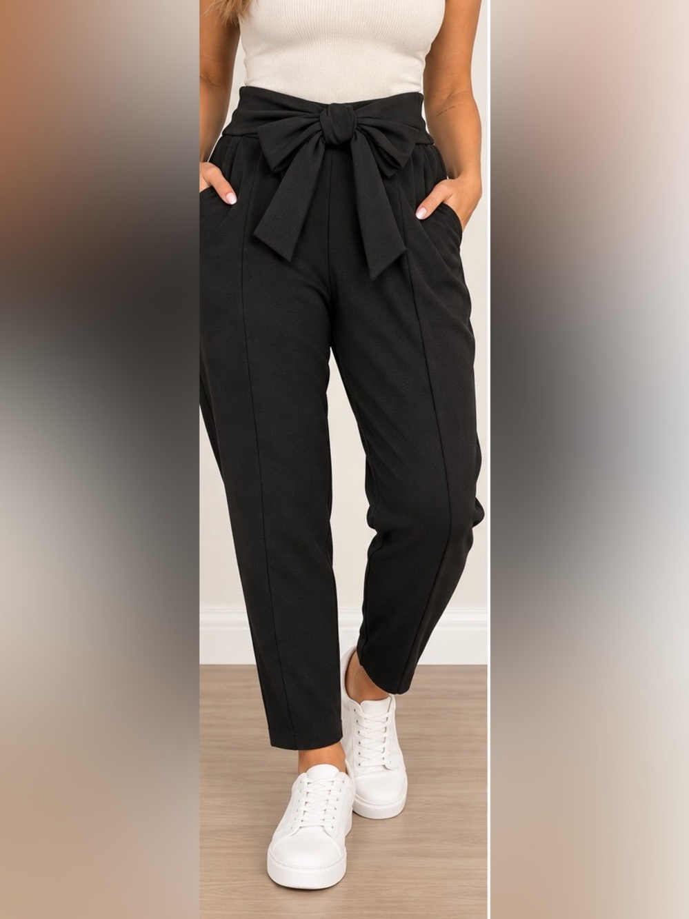 High-Waist Black Stretchy Dress Pants with Bow